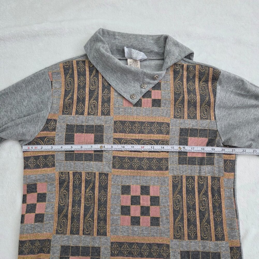Vtg 90s Patchwork Asymmetrical Pullover Sweater Medium Blair Gray Multi Boho Art - Picture 10 of 11